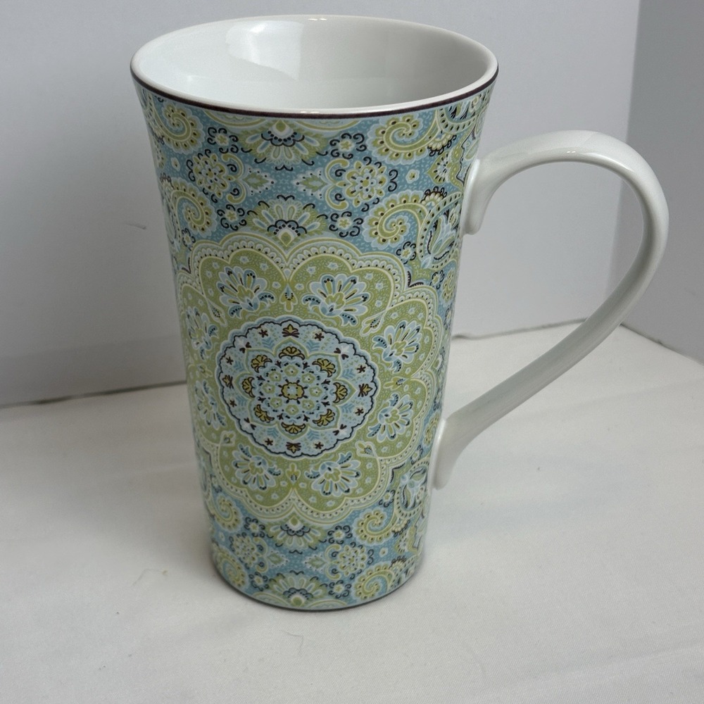 222 Fifth Lyria Teal Pattern Latte Mug Blue Fine China Porcelain 6.25in